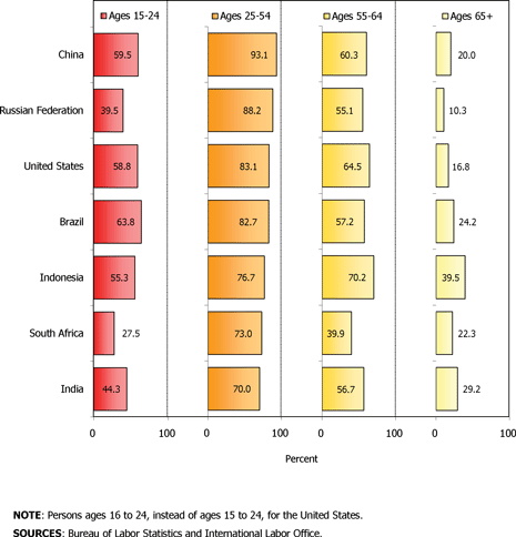 Labor force participation rates by age, 2008